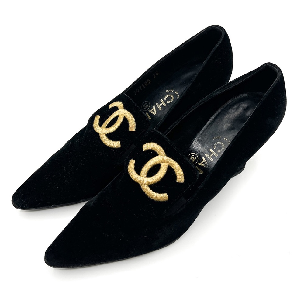 CHANEL RARE BLACK VELVET 90S HEELS 38 8